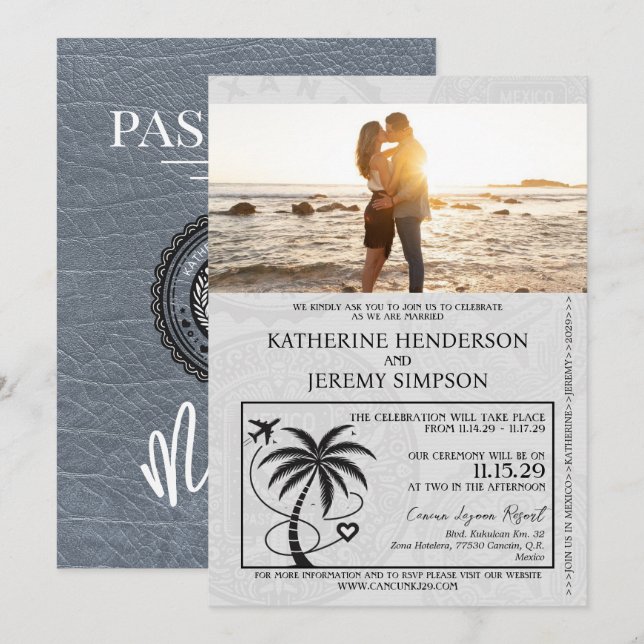 Silver Mexico Passport Wedding Invitation (Front/Back)