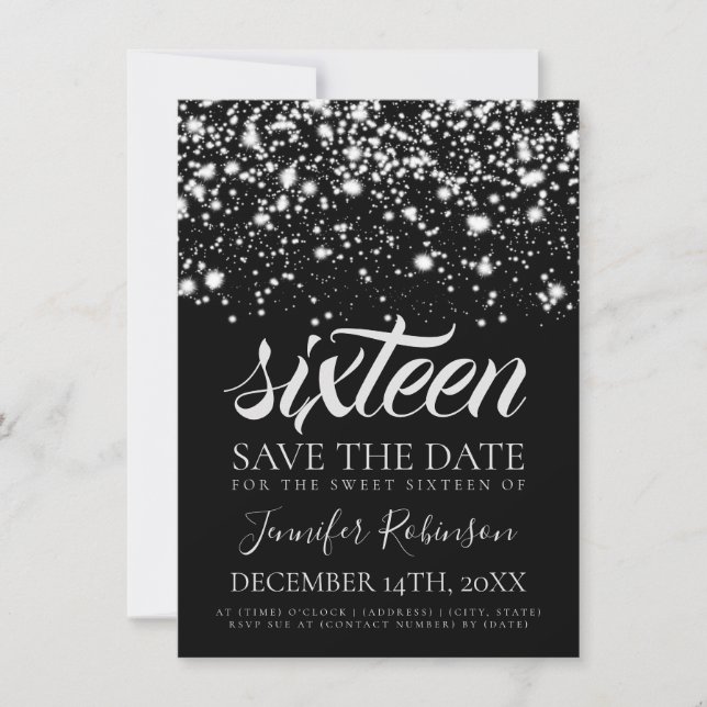Silver Midnight Glam Sweet 16 Birthday Party Save The Date (Front)