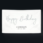 Silver Minimal Custom Happy Birthday Banner<br><div class="desc">This simple birthday banner design features stylish script lettering "Happy Birthday" with custom texts. You can personalise the text. Perfect party decor for a modern black & gold birthday party. More matching items available at my shop BaraBomDesign.</div>