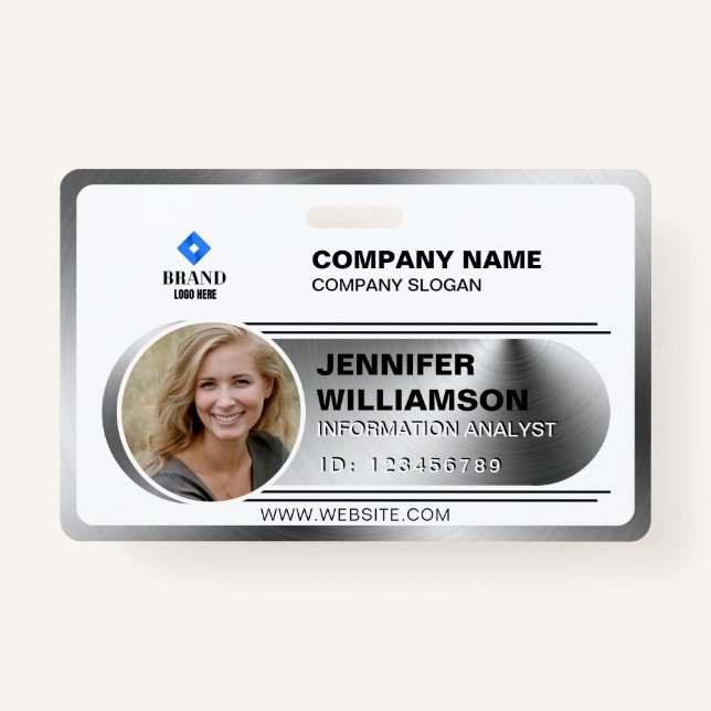 Silver Minimalist Business QR Employee Photo ID Ba ID Badge (Front)