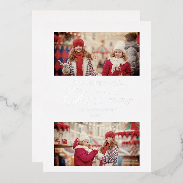 Silver Minimalist Merry Christmas Botanical  Foil Holiday Card (Front/Back)