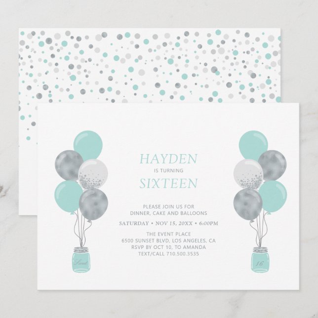 Silver & Mint Balloon Sweet Sixteen Birthday Party Invitation (Front/Back)