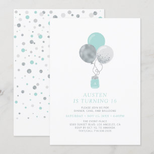 Silver & Mint Balloons Modern 18th Birthday Party Invitation
