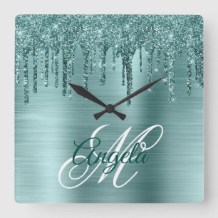 Silver Mint Brushed Foil Fancy Monogram Square Wall Clock