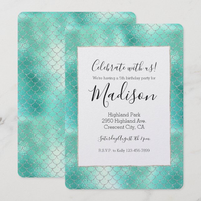 Silver Mint Mermaid Birthday Invitation (Front/Back)