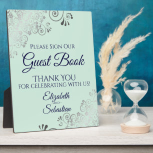 Silver Mint & Navy Sign Our Guest Book Wedding Plaque