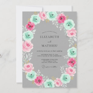 Silver Mint Pink Watercolor Floral Wedding Invitation