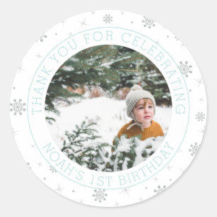 Silver & Mint Snowflake 1st Birthday Party Photo Classic Round Sticker