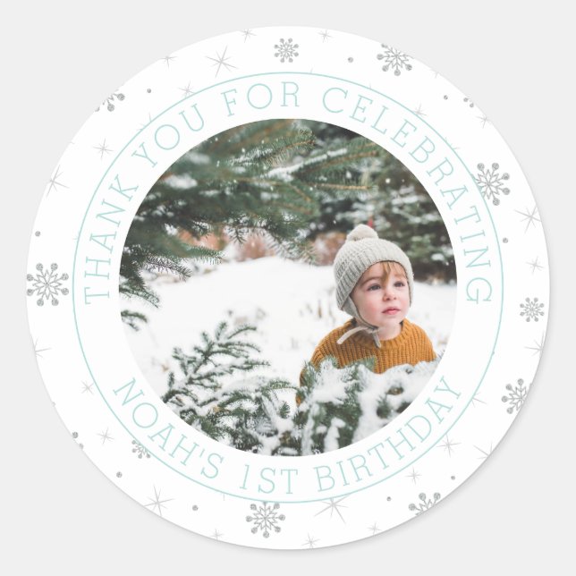 Silver & Mint Snowflake | 1st Birthday Party Photo Classic Round Sticker (Front)