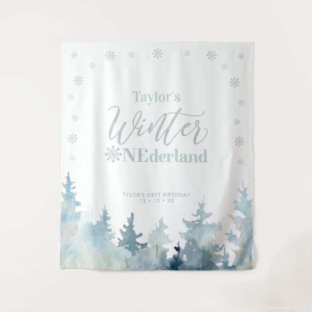 Silver & Mint Winter onderland 1st Birthday Tapestry (Front)