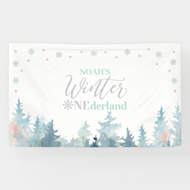 Silver & Mint Winter Onederland 1st Birthday Party Banner (Horizontal)