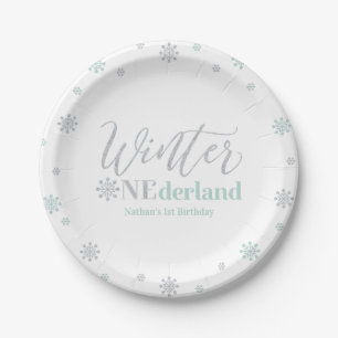 Silver & Mint Winter Onederland 1st Birthday Party Paper Plate