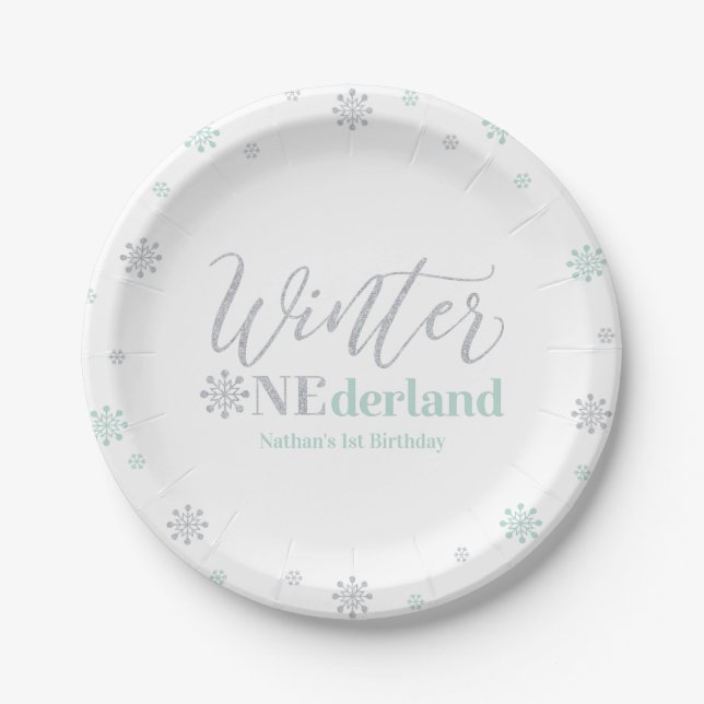 Silver & Mint Winter Onederland 1st Birthday Party Paper Plate (Front)