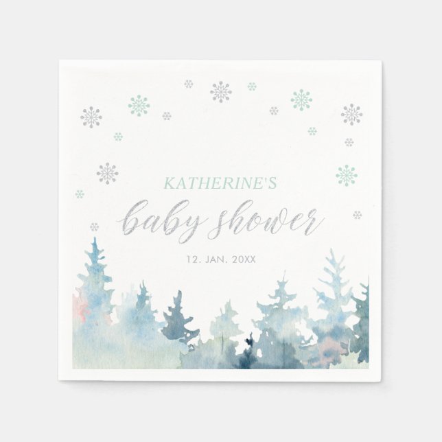 Silver & Mint Winter Wonderland Snow Baby Shower Napkin (Front)