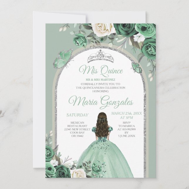 Silver Mis Quince Dusty Green Floral Quinceañera Invitation (Front)