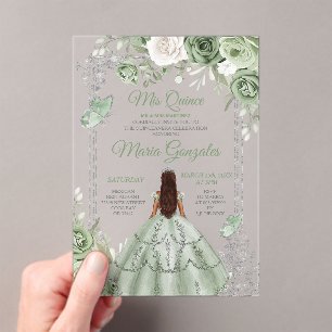 Silver Mis Quince Sage Green Floral Quinceañera Acrylic Invitations