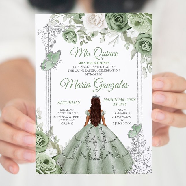 Silver Mis Quince Sage Green Floral Quinceañera Invitation (Creator Uploaded)