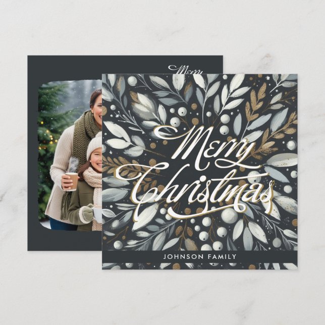 Silver mistletoe wreath Flat Holiday Card (Front/Back)
