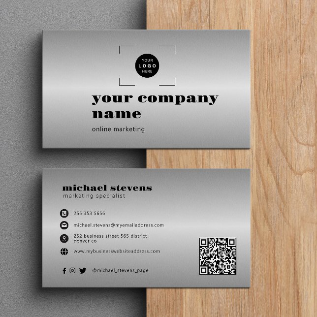 Silver modern custom logo QR code Business Card (Creator Uploaded)