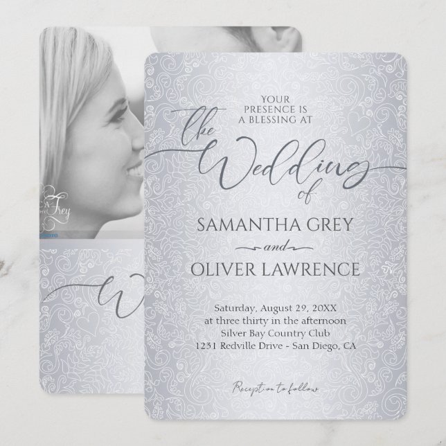 Silver Modern Damask Photo Wedding Invitation (Front/Back)
