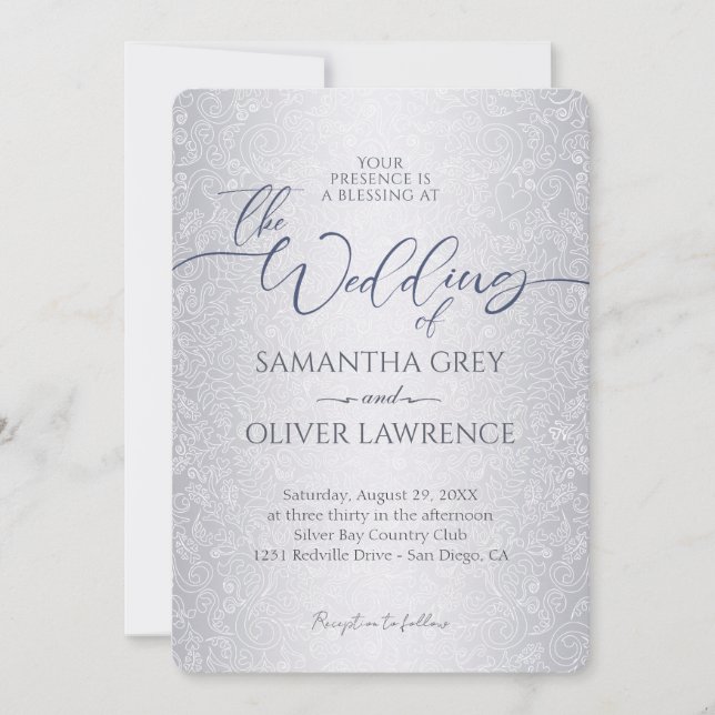 Silver Modern Damask Wedding Invitation (Front)