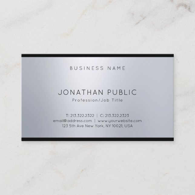 Silver Modern Elegant Professional Glamourous Plai Business Card (Front)