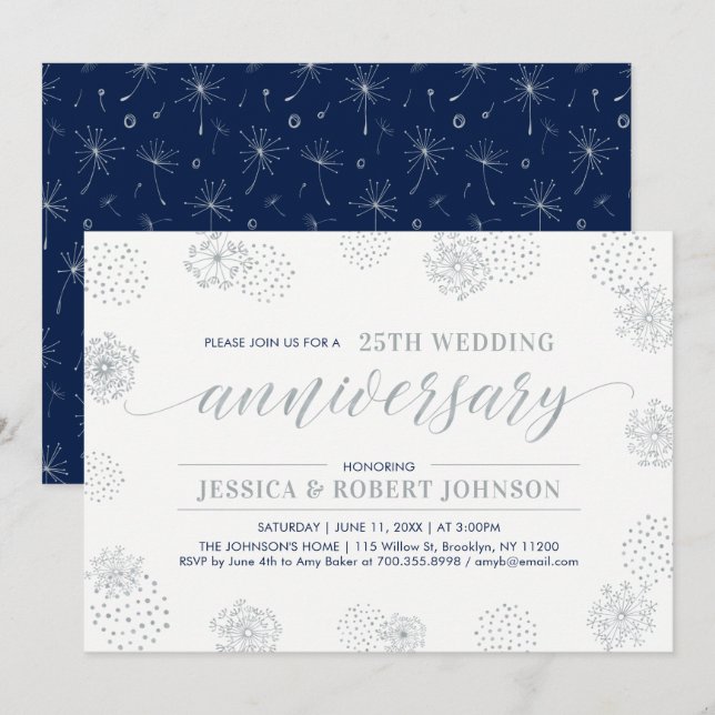 Silver | Modern Floral 25th Wedding Anniversary Invitation (Front/Back)