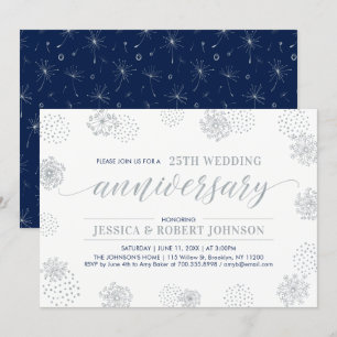 Silver Modern Floral 25th Wedding Anniversary Invitation