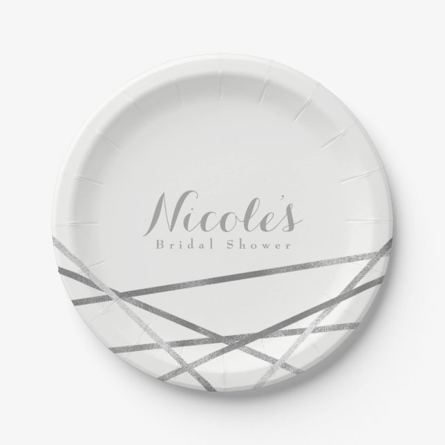 Silver Modern Geometric Lines Elegant Custom Paper Plate (Front)