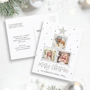 Silver   Modern Merry Christmas 3 Photo Holiday Postcard
