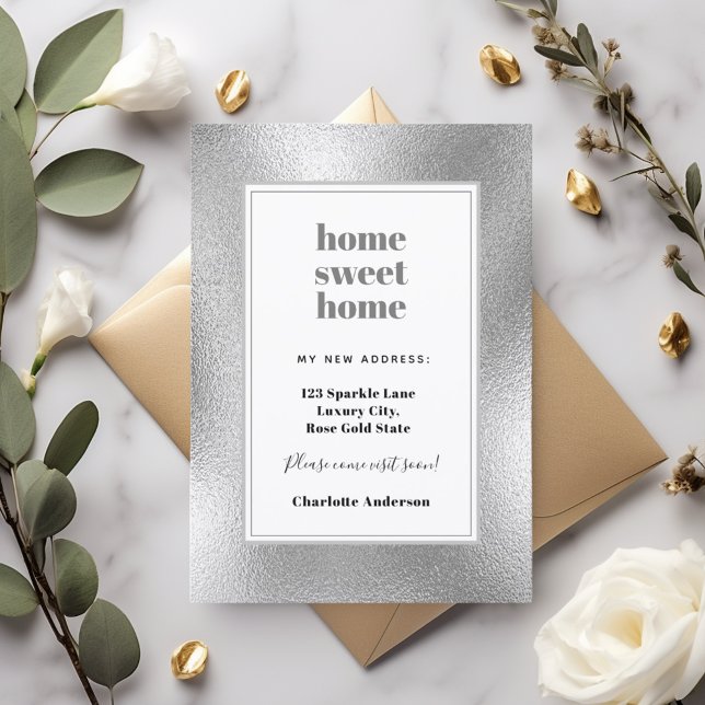 Silver modern minimalist home sweet home moving announcement (Creator Uploaded)