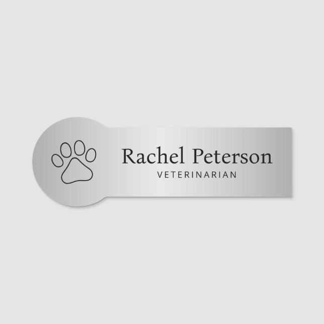 Silver Modern Paw Print Veterinary Name Tag (Front)