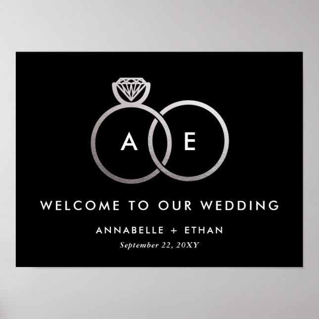 Silver Modern Rings Wedding Welcome Sign (Front)
