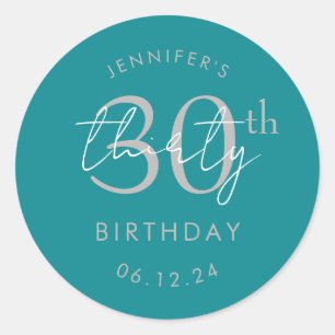 Silver Modern Script 30th Birthday Party Turquoise Classic Round Sticker