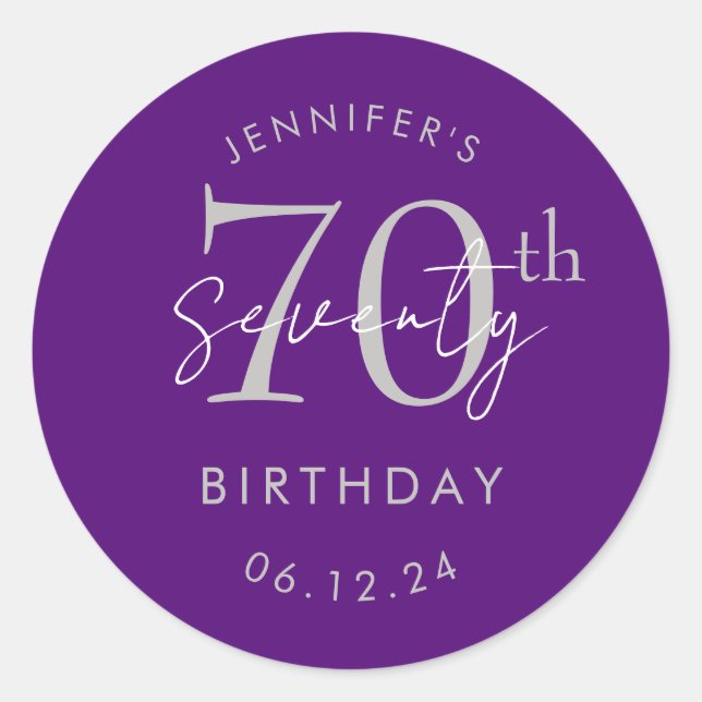 Silver Modern Script 70th Birthday Party Purple  Classic Round Sticker (Front)