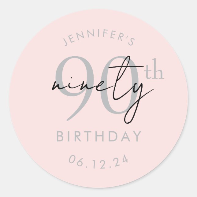 Silver Modern Script 90th Birthday Party Blush  Classic Round Sticker (Front)