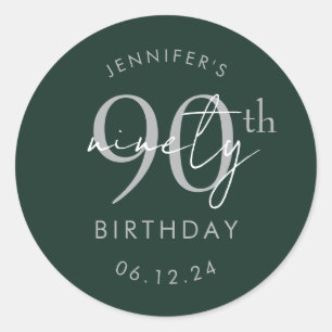 Silver Modern Script 90th Birthday Party Green Classic Round Sticker