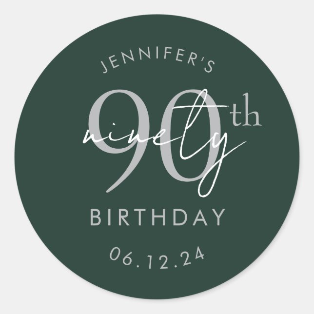Silver Modern Script 90th Birthday Party Green  Classic Round Sticker (Front)