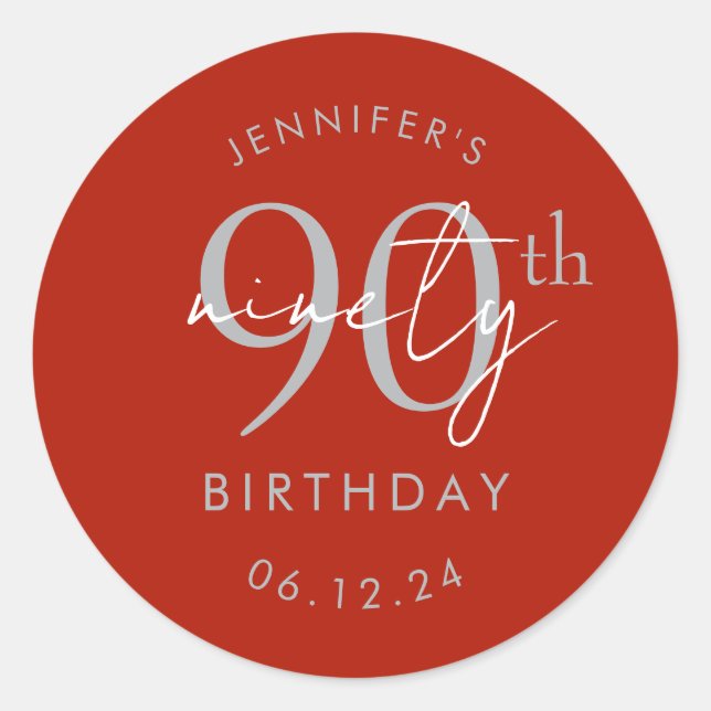 Silver Modern Script 90th Birthday Party Red  Classic Round Sticker (Front)