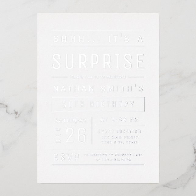Silver Modern Simple Typography Surprise Birthday (Front)