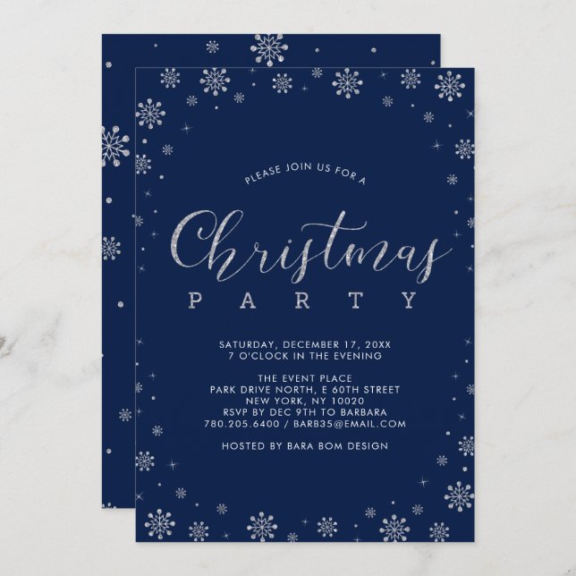 Silver | Modern Snowflakes Christmas Dinner Party Invitation (Front/Back)