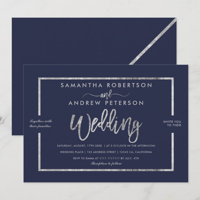 Silver modern typography navy blue chic wedding invitation (Front/Back)