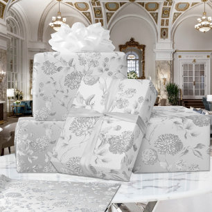 Silver Modern Vintage Floral Toile Wrapping Paper