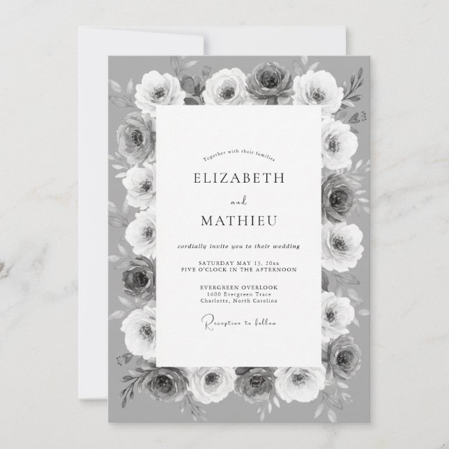Silver Monochrome Botanical Wedding Invitation (Front)