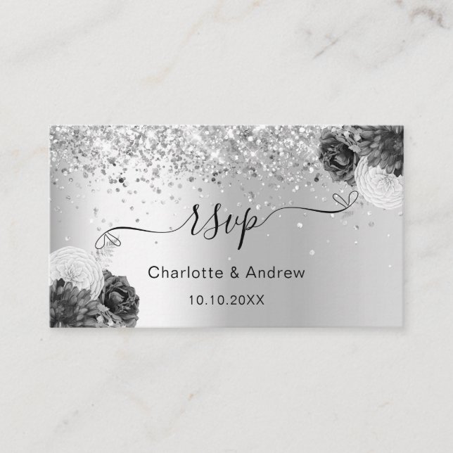 Silver monochrome wedding website RSVP QR code Enclosure Card (Front)