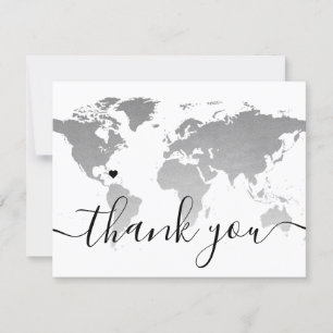 Silver Monochrome World Map Beach Wedding Photo Thank You Card