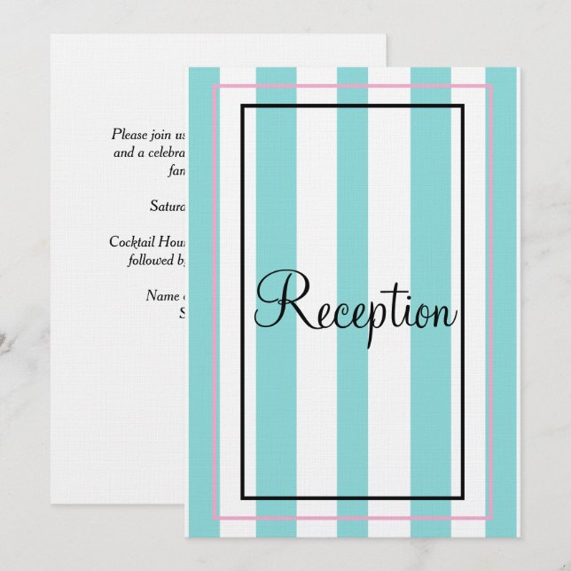 Silver Monogram Blue White Pink Stripes Reception Invitation (Front/Back)