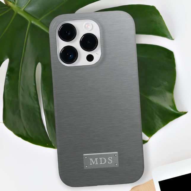 Silver Monogram Faux Brushed Metal Look iPhone Case (A classic and timeless faux brushed metal phone case with space for your initials)