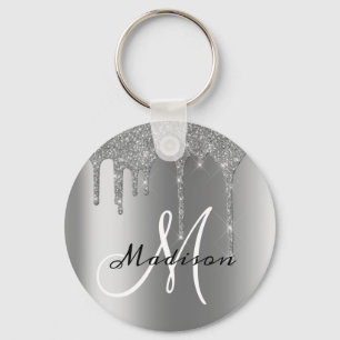 Silver Monogram Glitter Drips Pretty  Key Ring