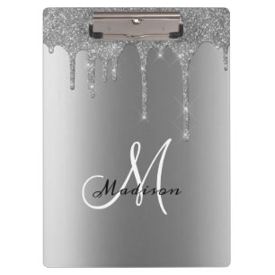 Silver Monogram Glitter Drips Pretty Name  Clipboard